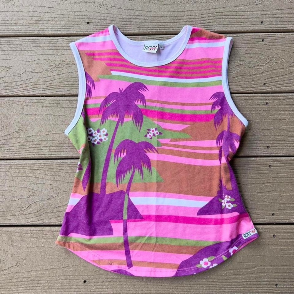 Vintage Y2K Roxy Pink & Purple Tank Top Size Medium Swim Surf Beach